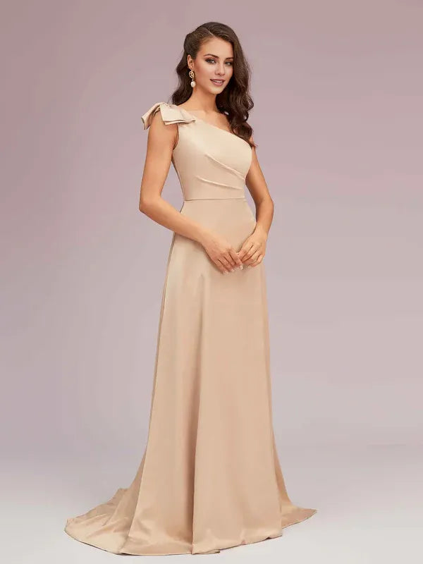 Robe Weitese A-line élégante à une épaule sans bretelles, robe longue en satin doux, robe de bal formelle sans manches